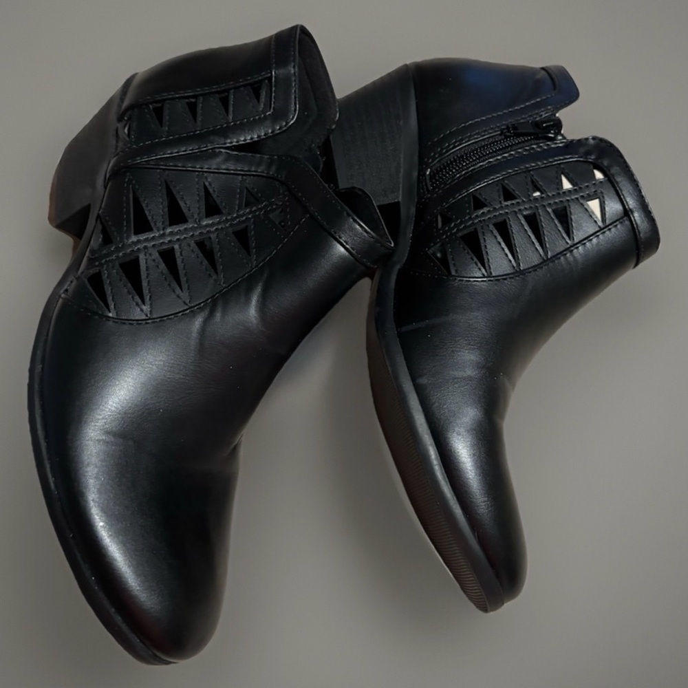 Soda Chance Black Perforated Cut Out Stacked Block Heel Ankle Booties